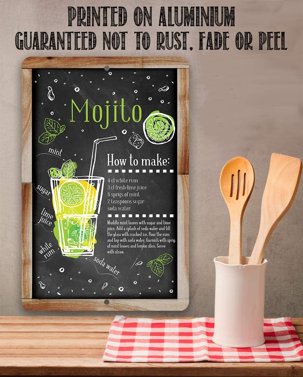 Mojito Bar Recipe - Great Home Bar and Shed Decor, Kitchen and Bar Restaurant Display, Cocktail Drink Mix Decoration, 12x18 Indoors or Outdoors Durable Chalkboard Wood Framed Style Metal Sign
