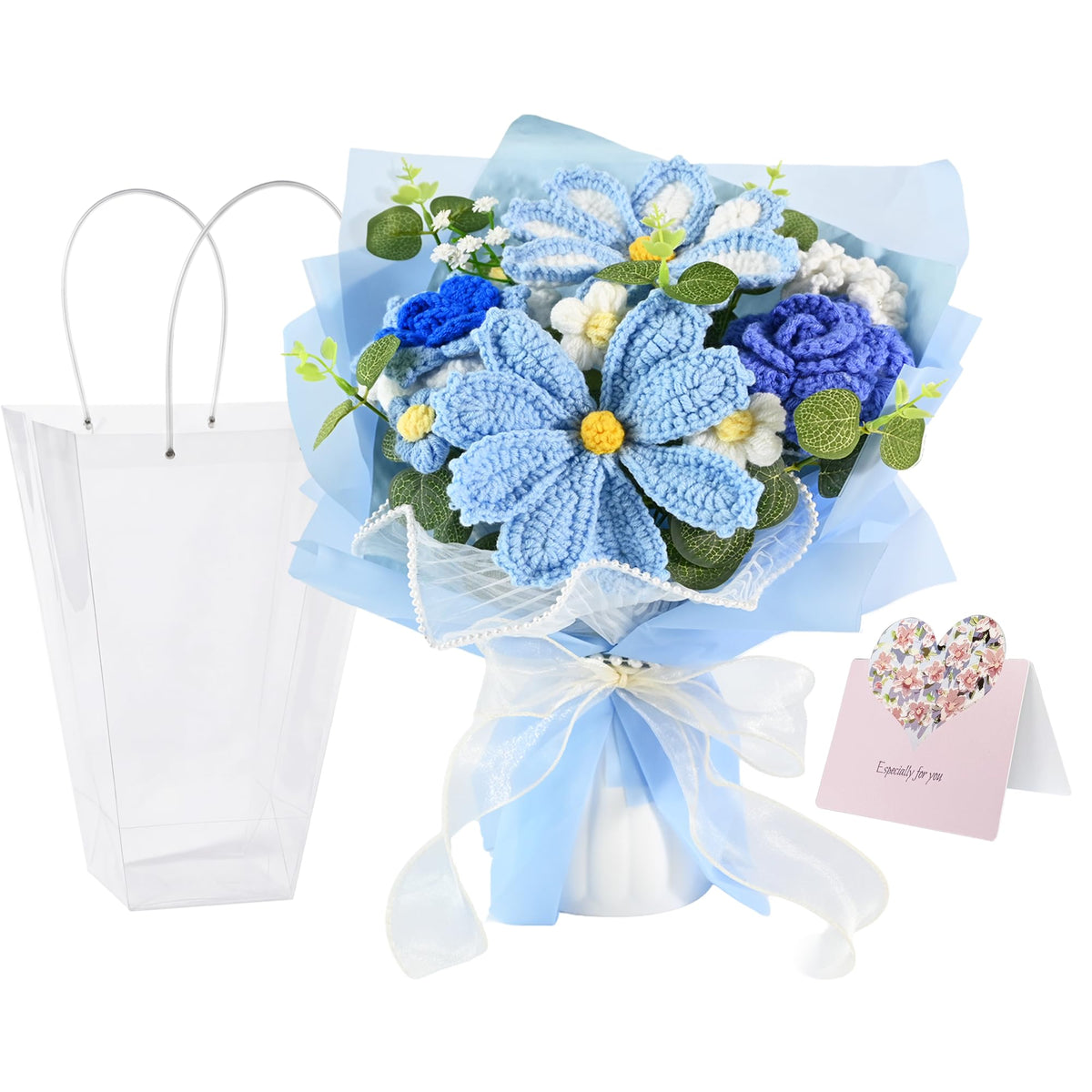 18Pcs Handmade Crochet Flower Bouquet Knitted Yarn Flowers with Bag & Card, Artificial Rose Daisy, Birthday Gifts for Women Mom Wife Girlfriend Sister Best Friend Pink
