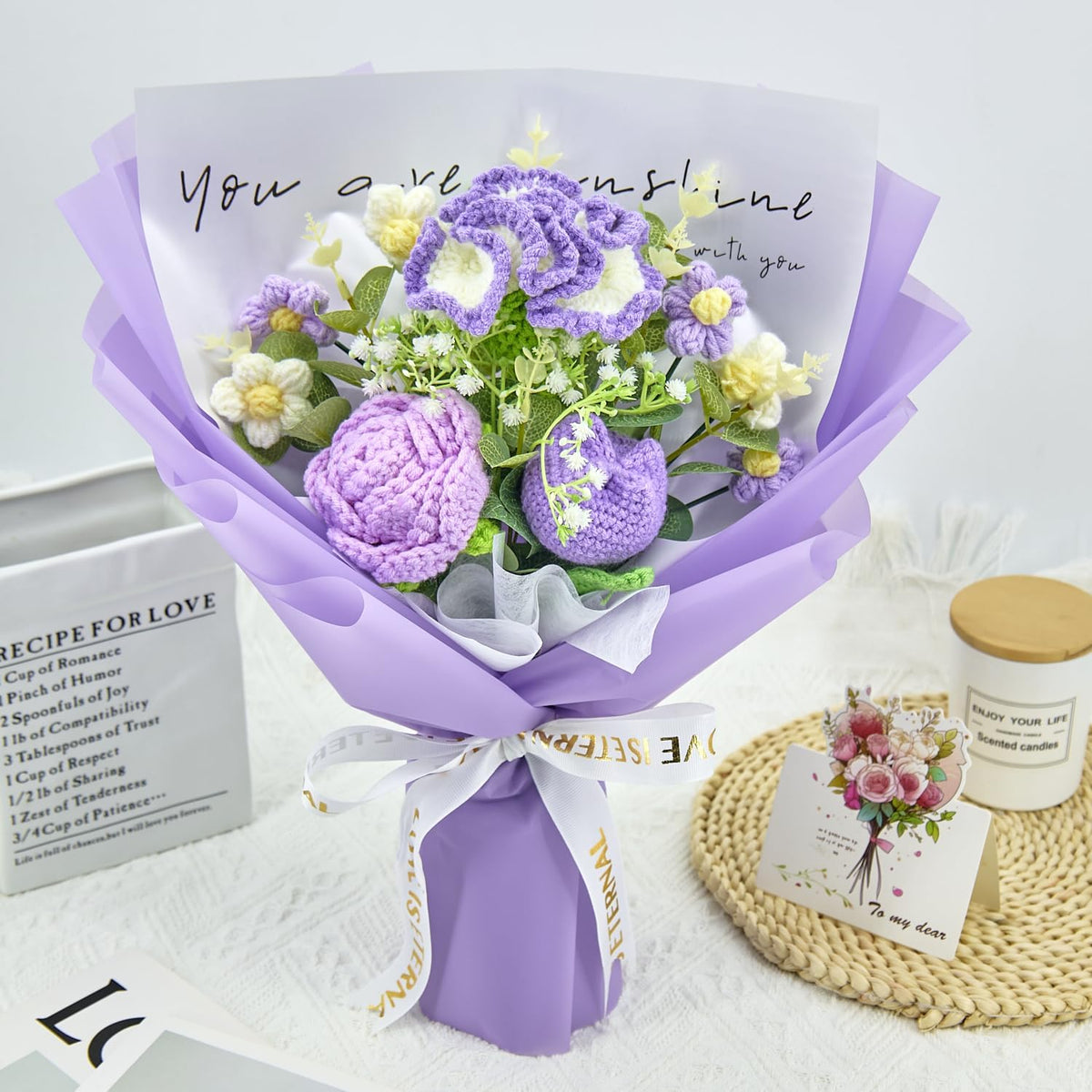 Crochet Flowers, Crochet Flower Bouquet with Purple Rose, Tulips, Carnation,Forever Flowers Gift for Mom, Mother’s Day Birthday Graduation Gift,Include Card