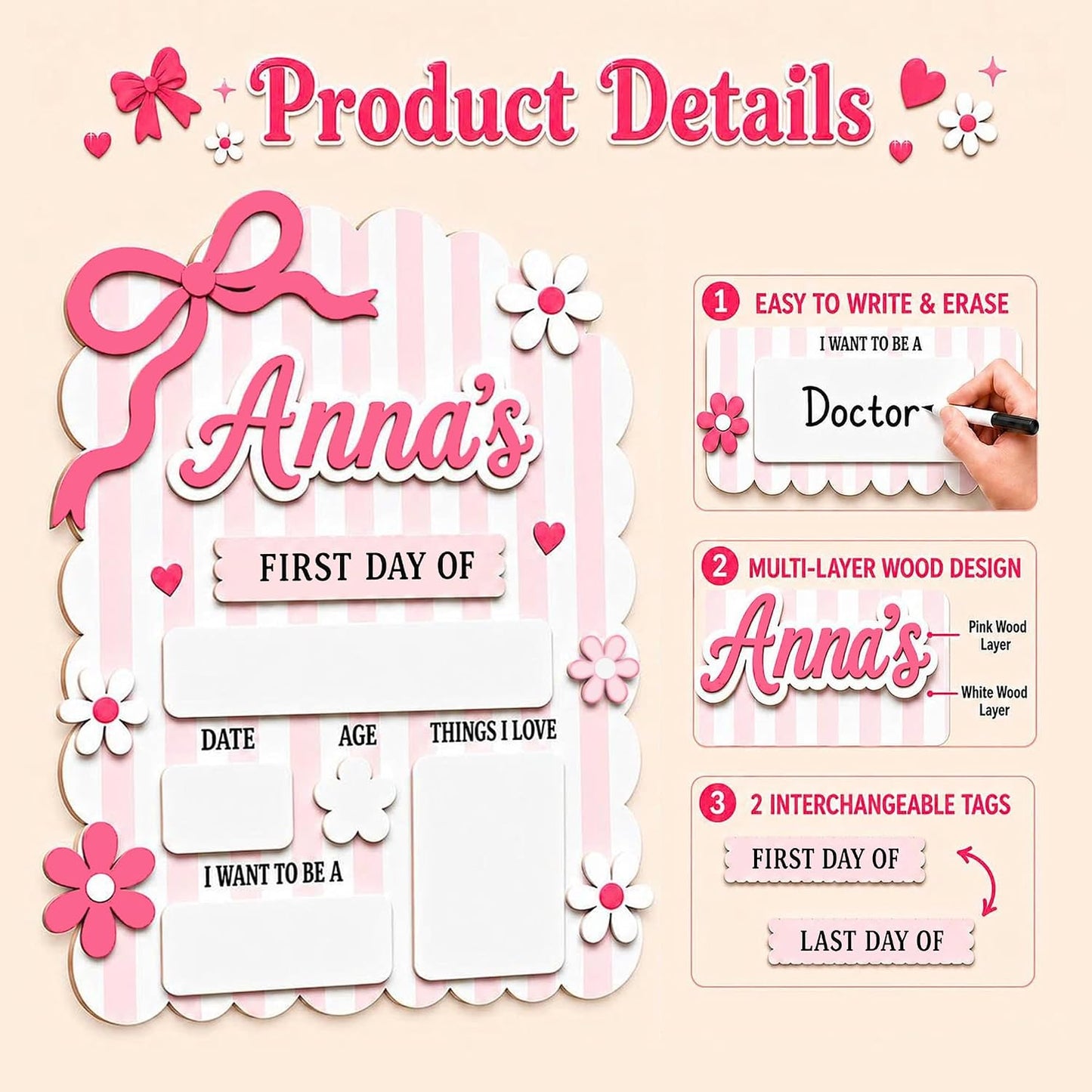 Personalized First and Last Day of School Board with Custom Name, 2-Layer Wooden Dry Erase Sign, Reusable Back to School Photo Prop for Kids