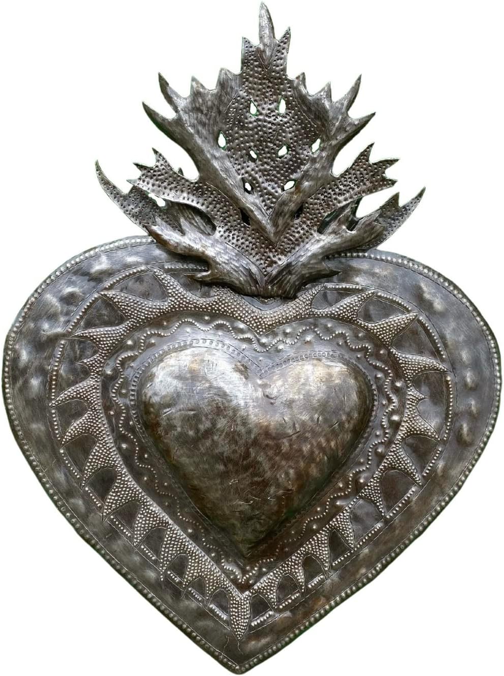 Handmade Flaming Heart Metal Wall Hanging Erzulie Design Haitian Metal Art 13 x 16.5 Inches Cultural Folk Art Wall Décor Recycled Steel, Sacred, Love and Friendship