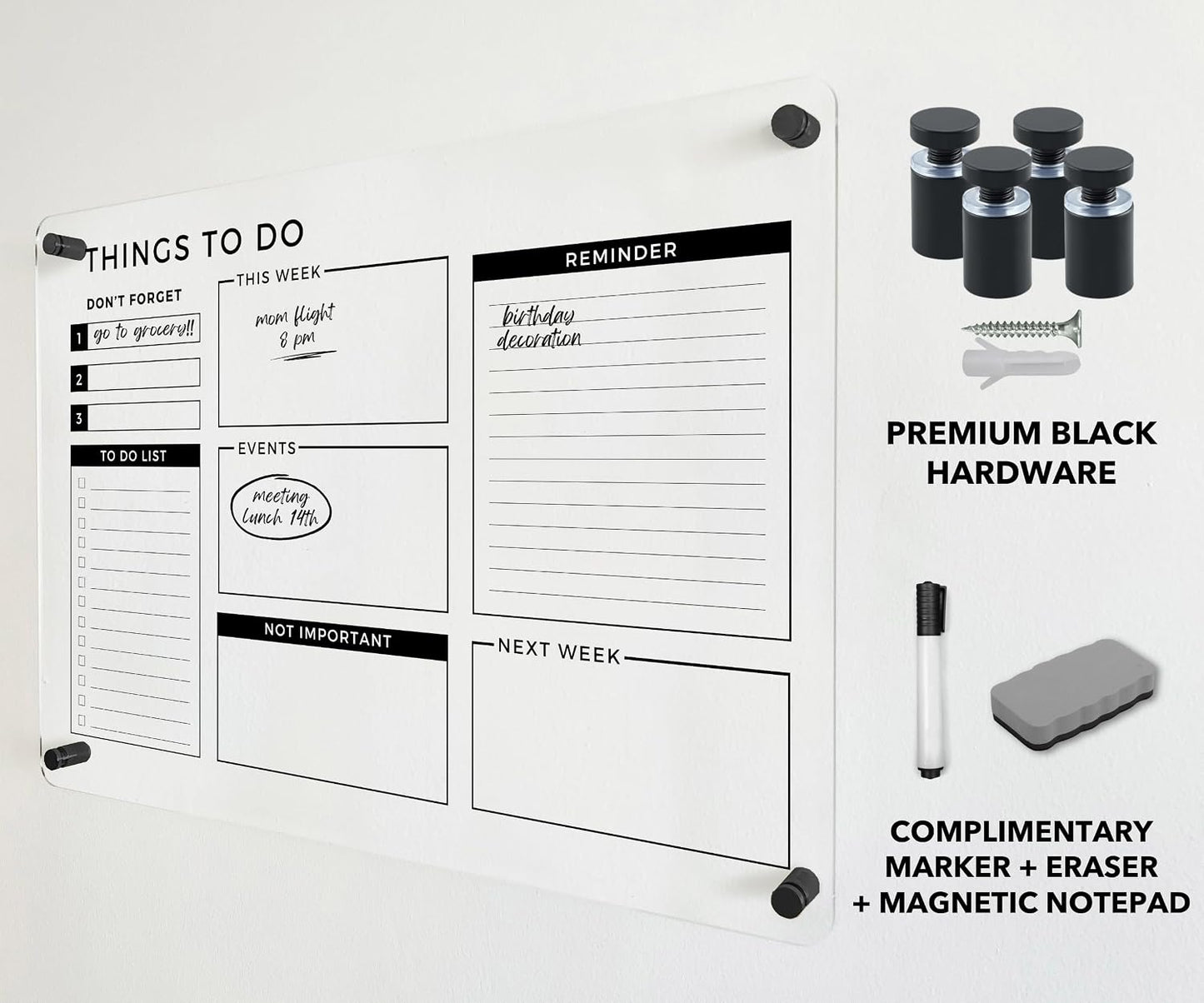 Acrylic Premium Wall Planner - Large Glass Calendar for Wall - to Do List Reminder - Large Dry Erase Board - Reusable Board for Office and Home - Dry Erase Board (18x14'' (Small))