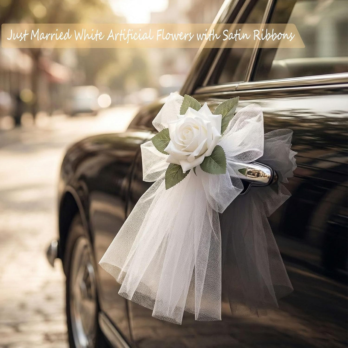 4 Pcs Wedding Car Door Handle Flowers with Tulle and Suction Cups | 12 cm white rose tulle bows with suction cups for car handles, mirrors, windows, bridal exits and wedding photos