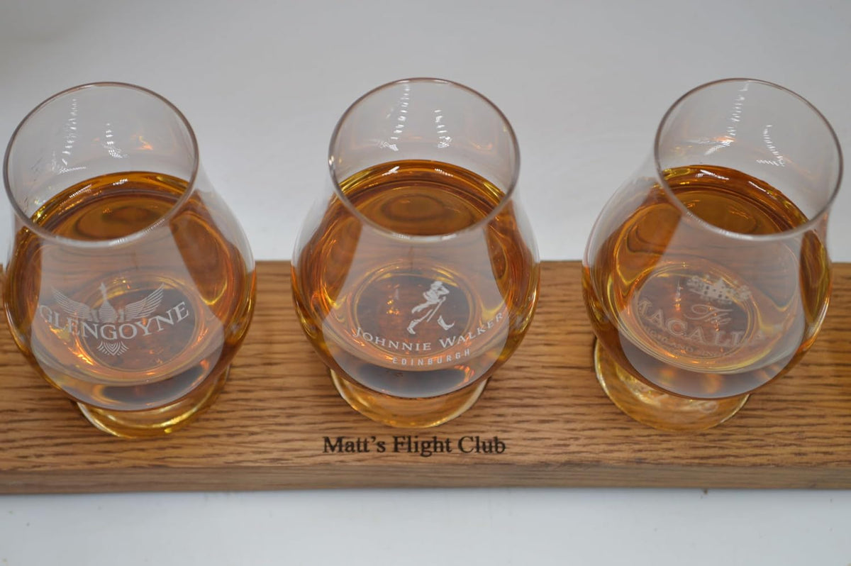 Personalized Laser Engraved Whiskey Glass Flight Tasting Board Holder 3, 4 or 5 Made from a Kentucky Bourbon barrel stave (Glasses Not Included) (5 Glass, English Chestnut)