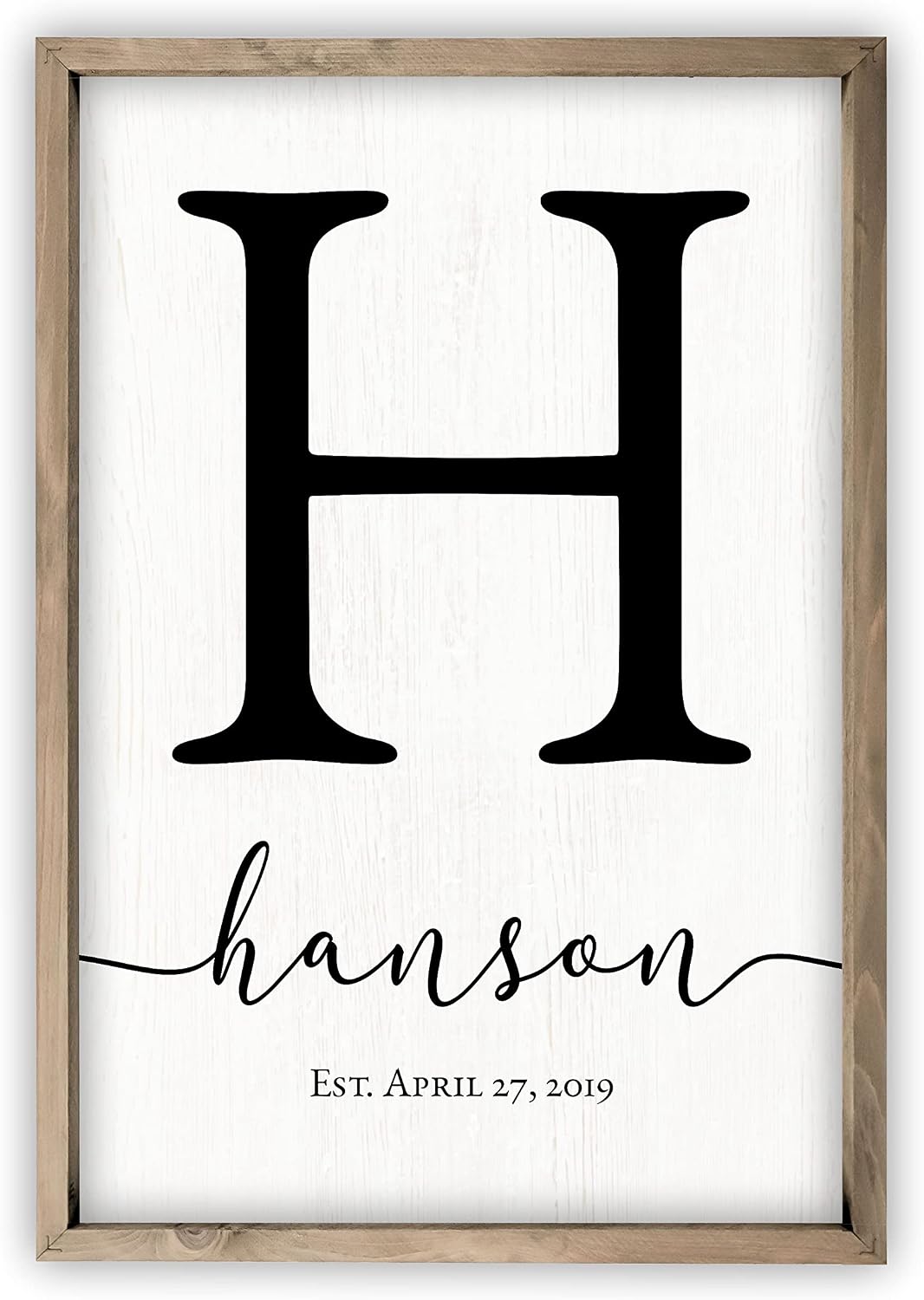 Personalized Monogram Framed Name Sign 12x18 – Custom Wall Decor Grey | solid poplar frame, white background, printed no decals, 4 sizes, add surname, wedding housewarming gift