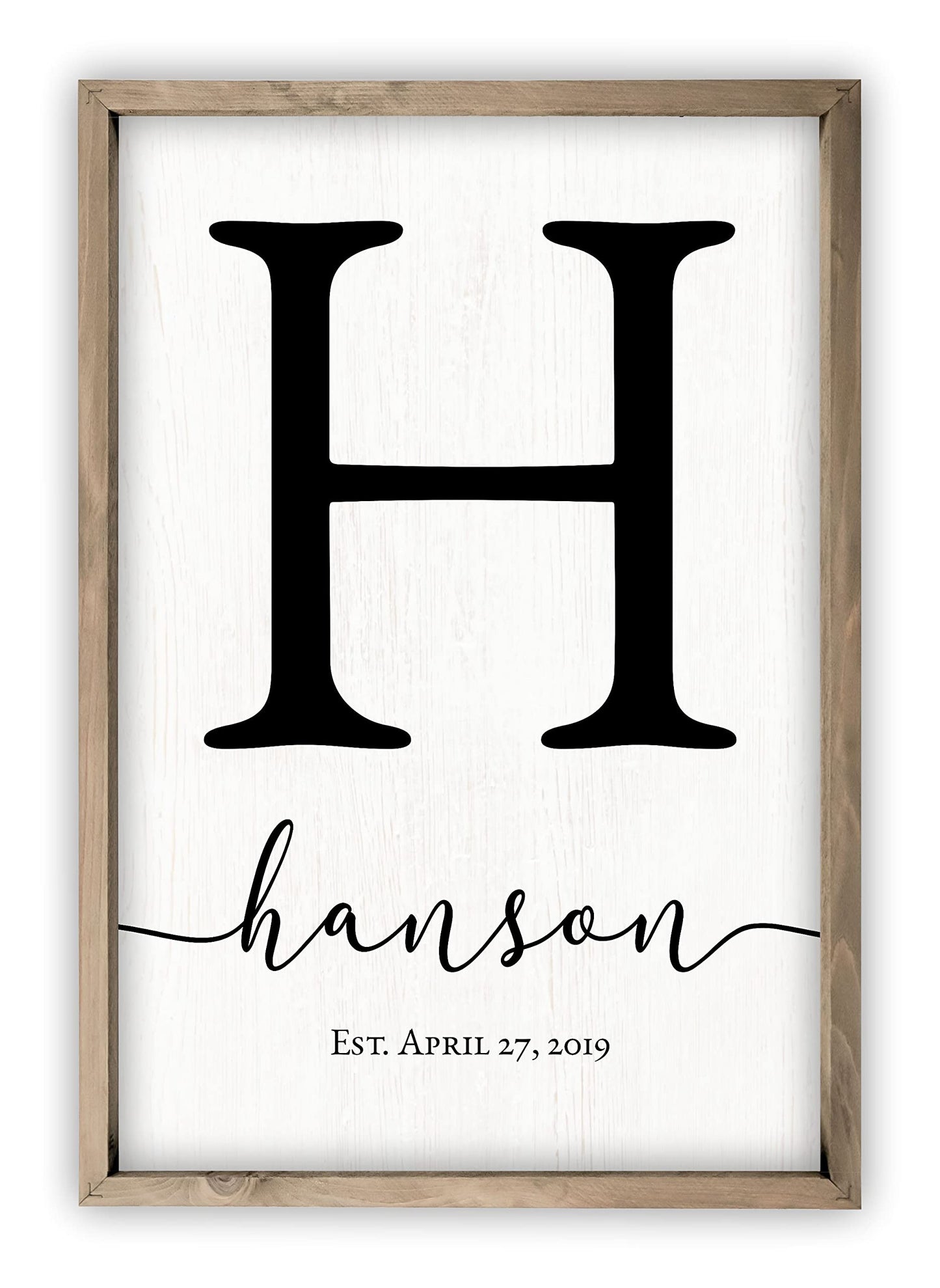 Personalized Monogram Framed Name Sign 12x18 – Custom Wall Decor Grey | solid poplar frame, white background, printed no decals, 4 sizes, add surname, wedding housewarming gift