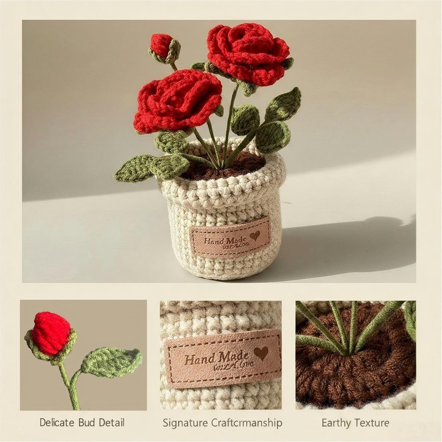 Hand-Made Crochet Red Roses with Pocket Hug Card and Gift Box, Knitted Artificial Flowers for Home Room Table Office Decor and Appreciation Gifts for Family Girlfriend Other Half Mothers Day
