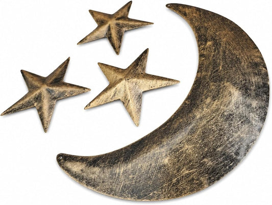 Mango Gifts Rustic Moon Phase Wall Decor | 4-Piece Gold Metal Wall Art Set Featuring Crescent Moon & Stars | Vintage Farmhouse Boho Hanging Decoration for Living Room & Bedroom