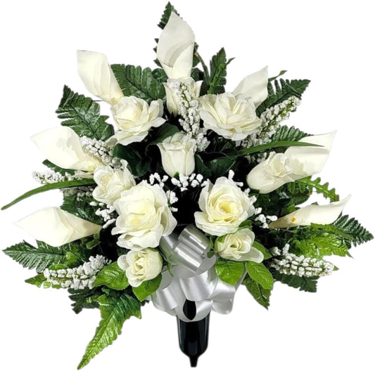 Realistic Artificial Cemetery Flowers - Silk Faux Floral Cream Rose and Calla Lily Bouquet for Grave - Headstone Decoration - Memorial Flowers