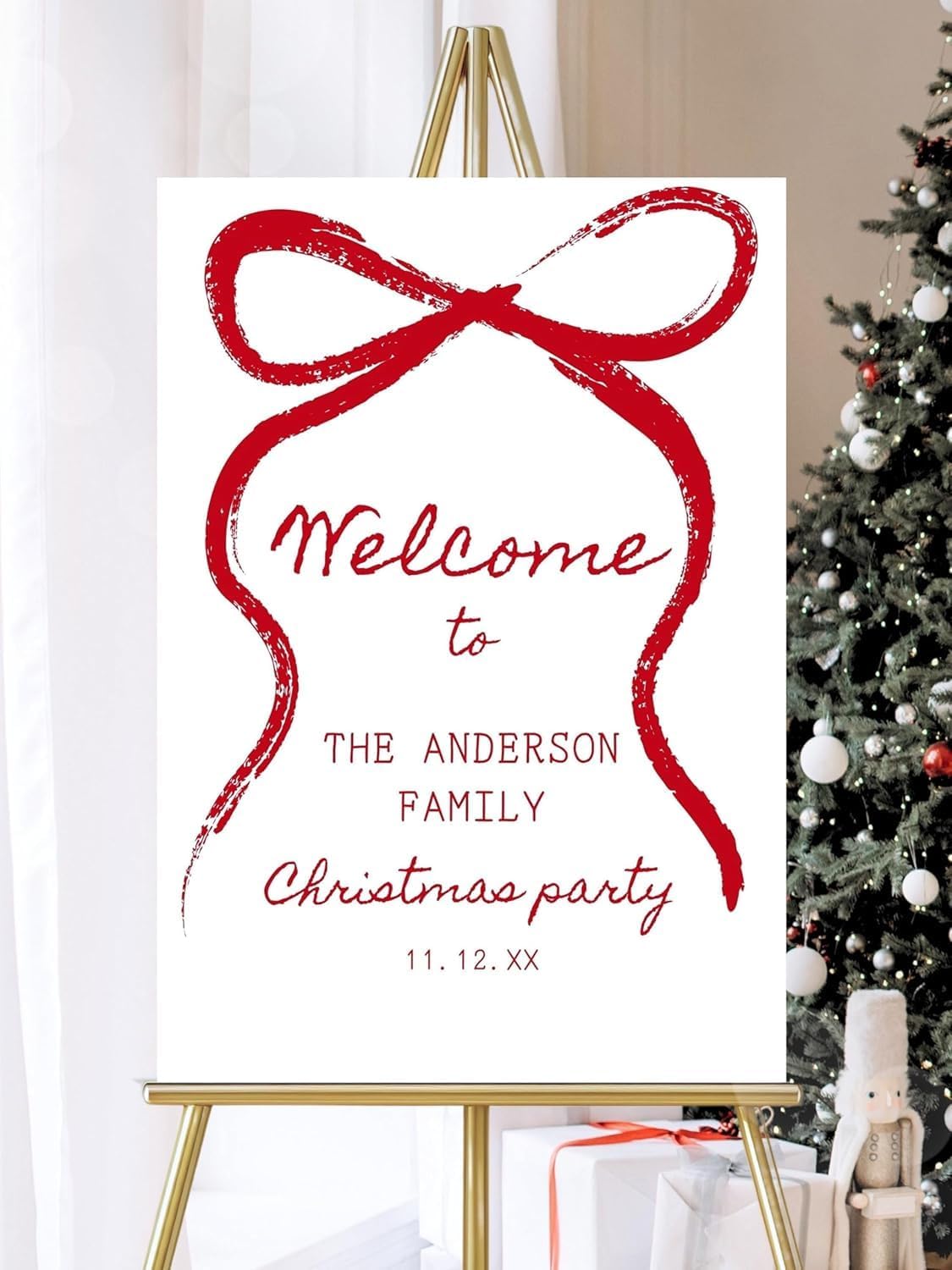 Personalized Christmas Welcome Sign with Red Bow, Elegant Winter Holiday Party Decoration, Custom Festive Event Poster, Seasonal Entrance Display for Celebration, Indoor Outdoor Welcome Board