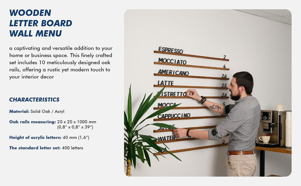 Inko Horeca Wooden Wall Menu Board - 10 Oiled Oak Rails + 400 White Letters - Changeable Letter Shelf Display for Cafe, Restaurant & Home Decor