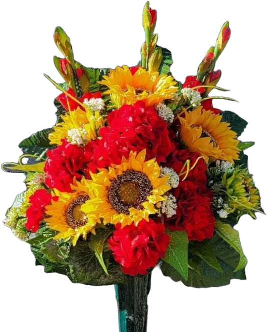 Yellow Sunflower Red Geranium Gladiolus Large Cemetery Cone Memorial Decoration - Realistic Silk Faux Floral Artificial Grave Flowers for Headstone Decorating - 180 Degree Arrangement