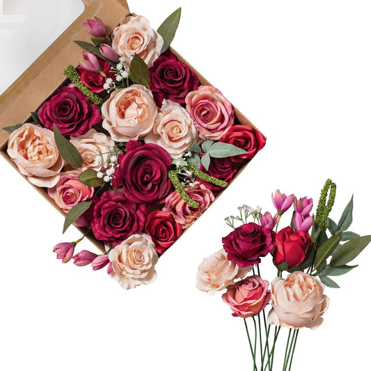 Artificial Flowers DIY Bouquet Combo Faux Rose for Home Decor | Burgundy Pink Champagne Faux Peony for Vase, Floral Arrangement, Centerpieces, Wedding, Party Decoration