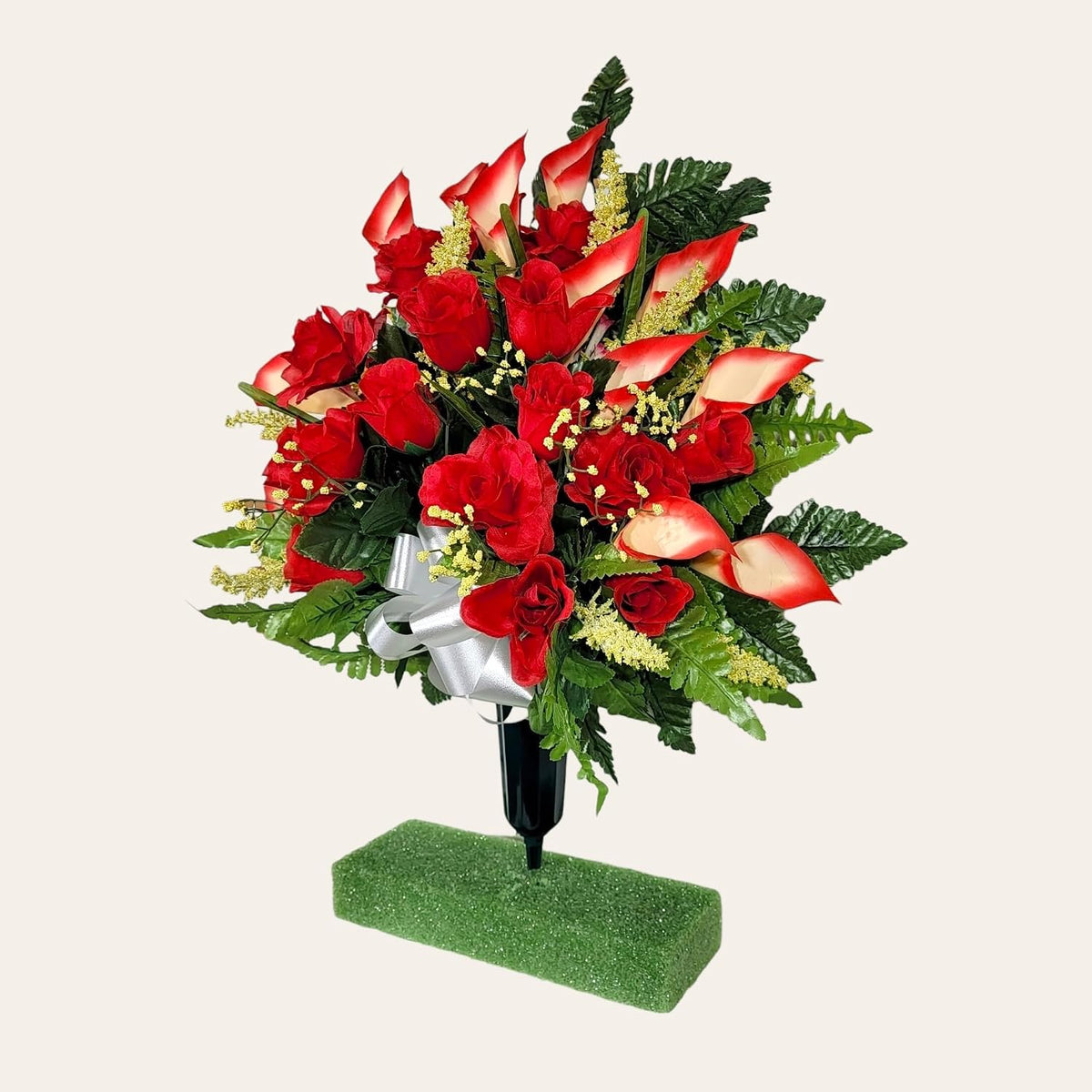 Realistic Artificial Cemetery Flowers - Jumbo Silk Faux Floral Red Rose and Calla Lily Bouquet for Grave - 1 Large Headstone Decoration - Memorial Flowers