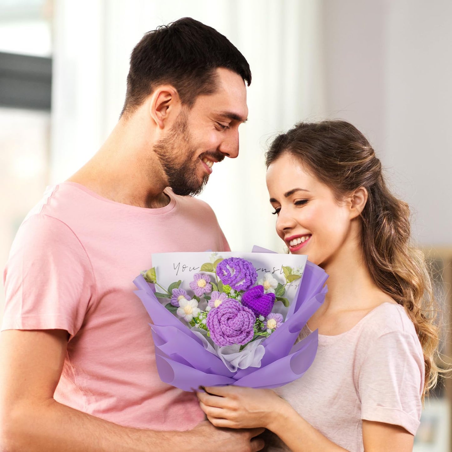 Crochet Flowers, Crochet Flower Bouquet with Purple Rose, Tulips, Carnation,Forever Flowers Gift for Mom, Mother’s Day Birthday Graduation Gift,Include Card