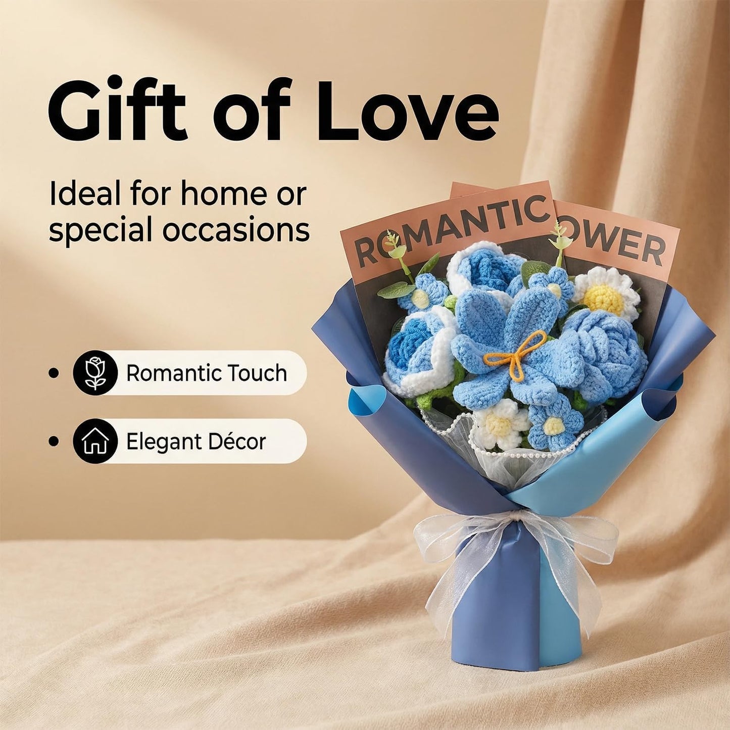 Crochet Flower Bouquet, Handmade BlueTulip Rose Gift for Women(with Card) | Skin-Friendly Odor-Free Yarn, Everlasting No Watering Needed,Vivid Full-Bloom Shape, Ideal Gift For Mom, Daughter & Sister