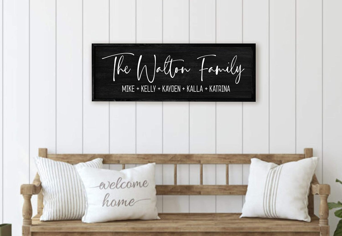 Personalized Framed Family Name Sign 8x24 – Black Frame, Black | solid poplar wood, printed canvas board, no decals, add text and est date, wedding housewarming gift, farmhouse