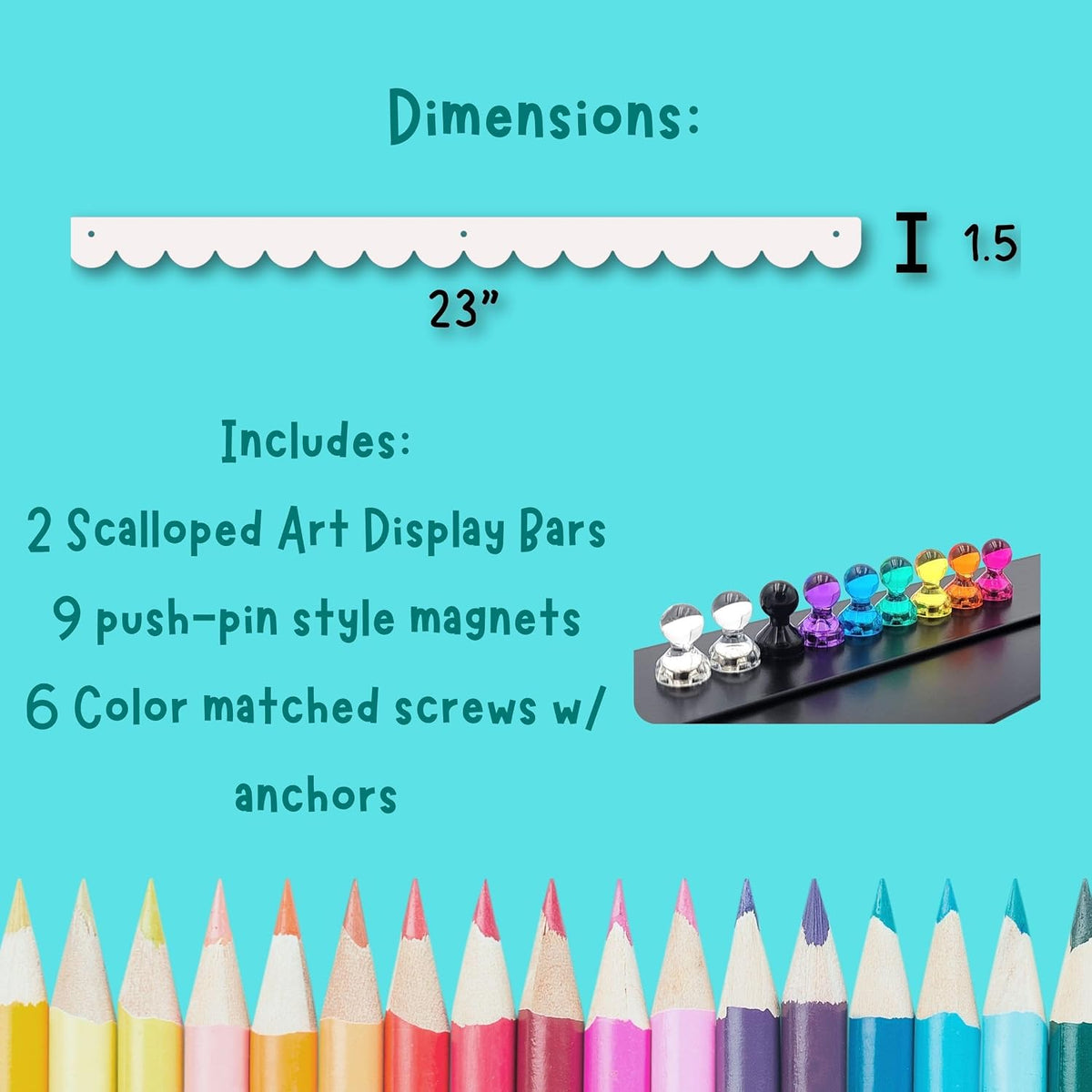 Scalloped Magnetic Art Display for Kids Artwork & Photos (Set of 2) – Kids Artwork Display for Wall – Magnetic Photo Display Strips with Push-Pin Magnets (White, 23in)
