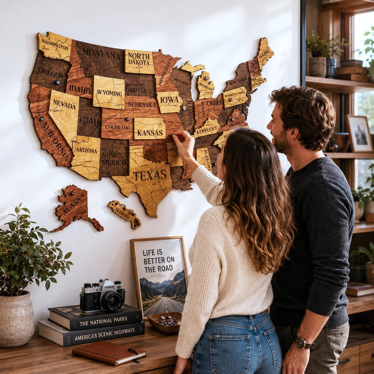 Wooden USA Map Visited Places - Wood United States Map with Push Pins - 3D US States Travel Tracker Wall Art Decor - Wooden America Atlas - New Home Gift (Nature)