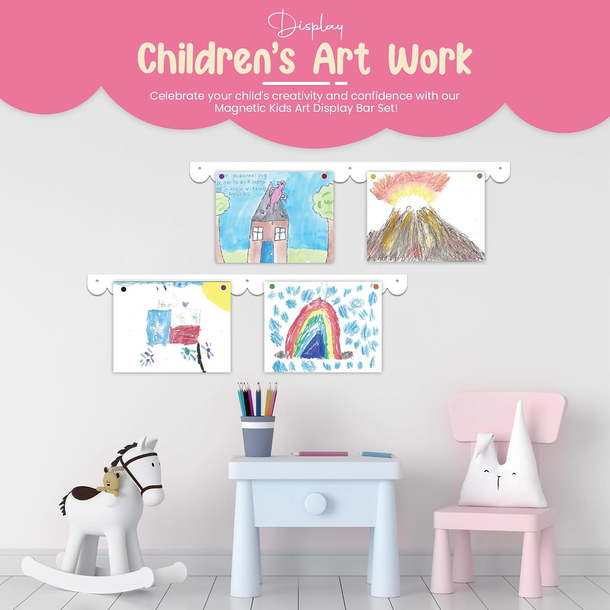 Scalloped Magnetic Art Display for Kids Artwork & Photos (Set of 2) – Kids Artwork Display for Wall – Magnetic Photo Display Strips with Push-Pin Magnets (White, 23in)