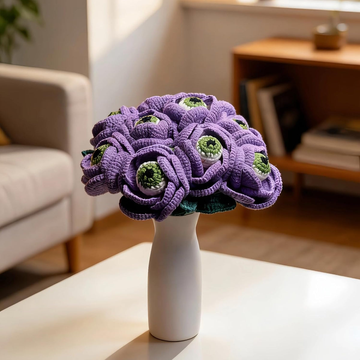 1PC Spooky Crochet Rose Flower with Knitted Evil Eye, Gothic Artificial Flower, Handmade Crochet Gift for Graduation Anniversary Birthday Halloween, Floral Bouquet Décor for Home Office(A-Purple)
