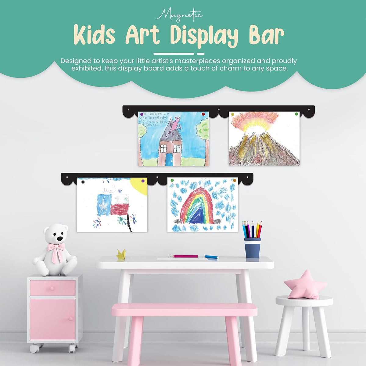 Scalloped Magnetic Art Display for Kids Artwork & Photos (Set of 2) – Kids Artwork Display for Wall – Magnetic Photo Display Strips with Push-Pin Magnets (Black, 23in)
