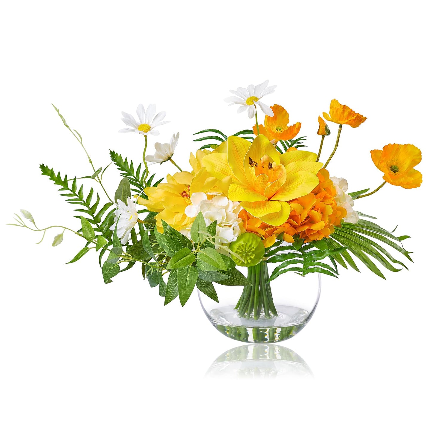 WELL KNOWN Artificial Flowers with Vase, Silk Blue & White Flower Bouquet | Hydrangea Peony in Vase with Faux Water for Home Decor, Fake Tulips Flower Arrangements for Wedding Party Table Centerpieces