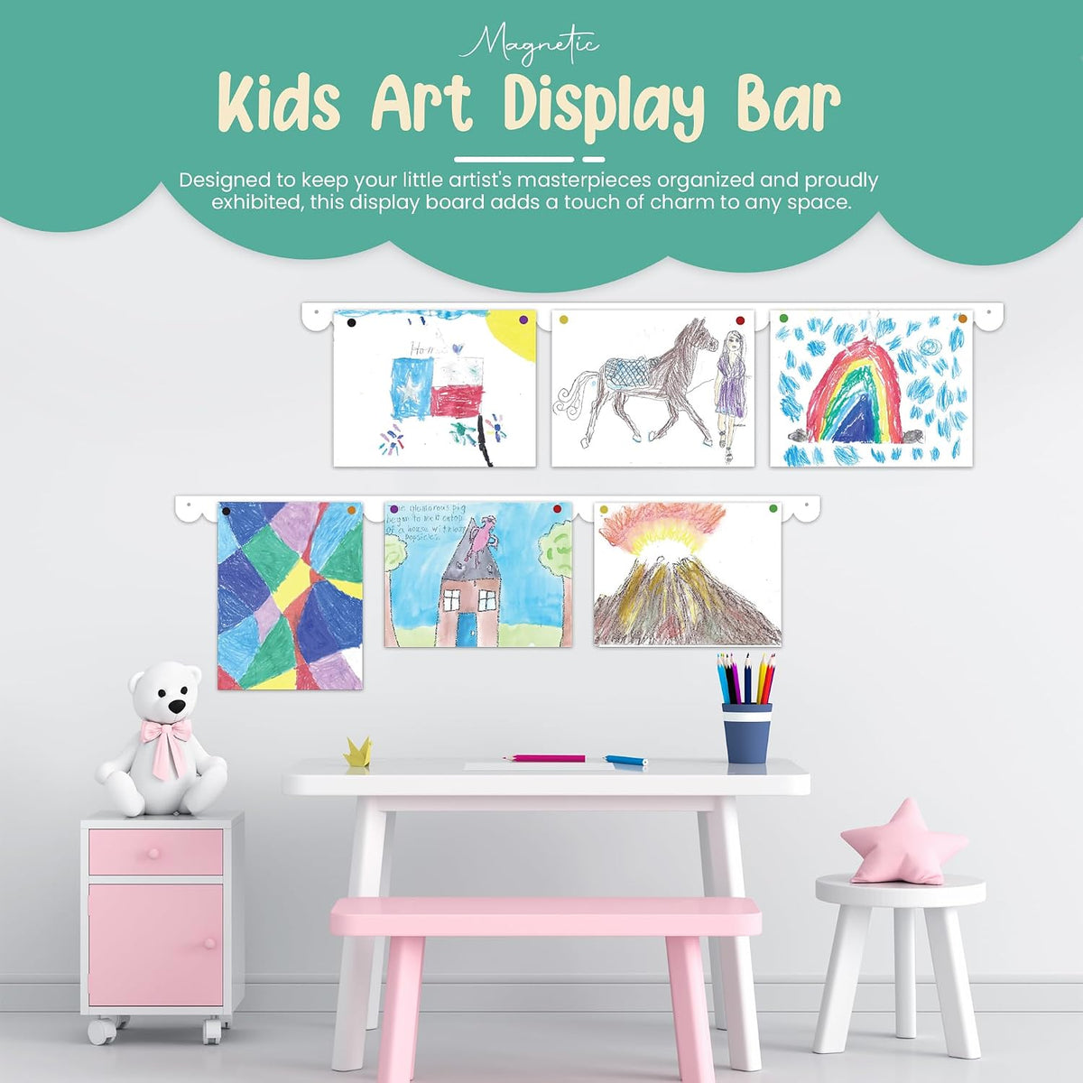 Scalloped Magnetic Art Display for Kids Artwork & Photos (Set of 2) – Kids Artwork Display for Wall – Magnetic Photo Display Strips with Push-Pin Magnets (White, 35in)