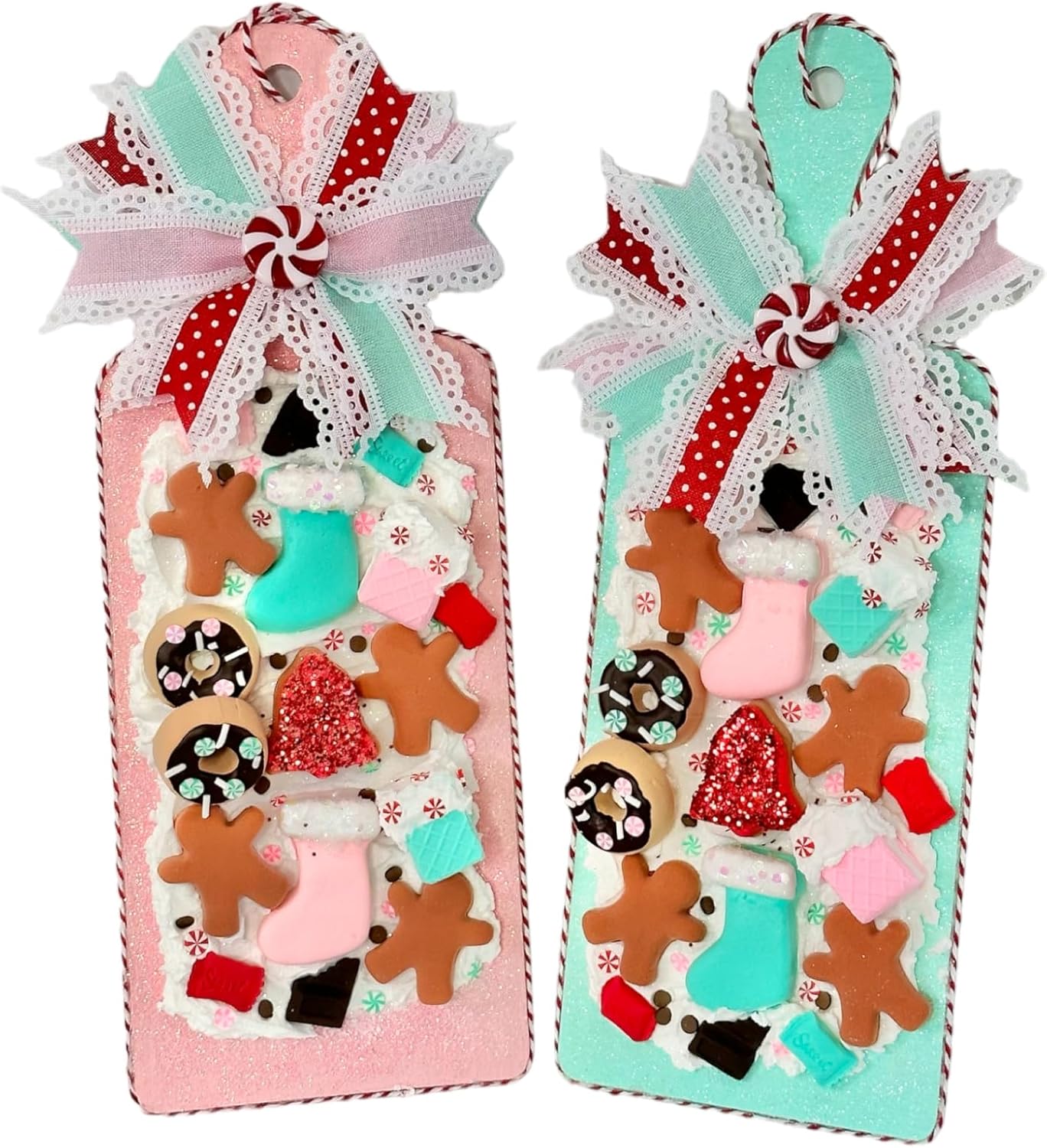 Handmade Faux Sweets Christmas Holiday Charcuterie Board - Pink or Mint Green - 12"x4.5" - TCT Crafts (Pink)