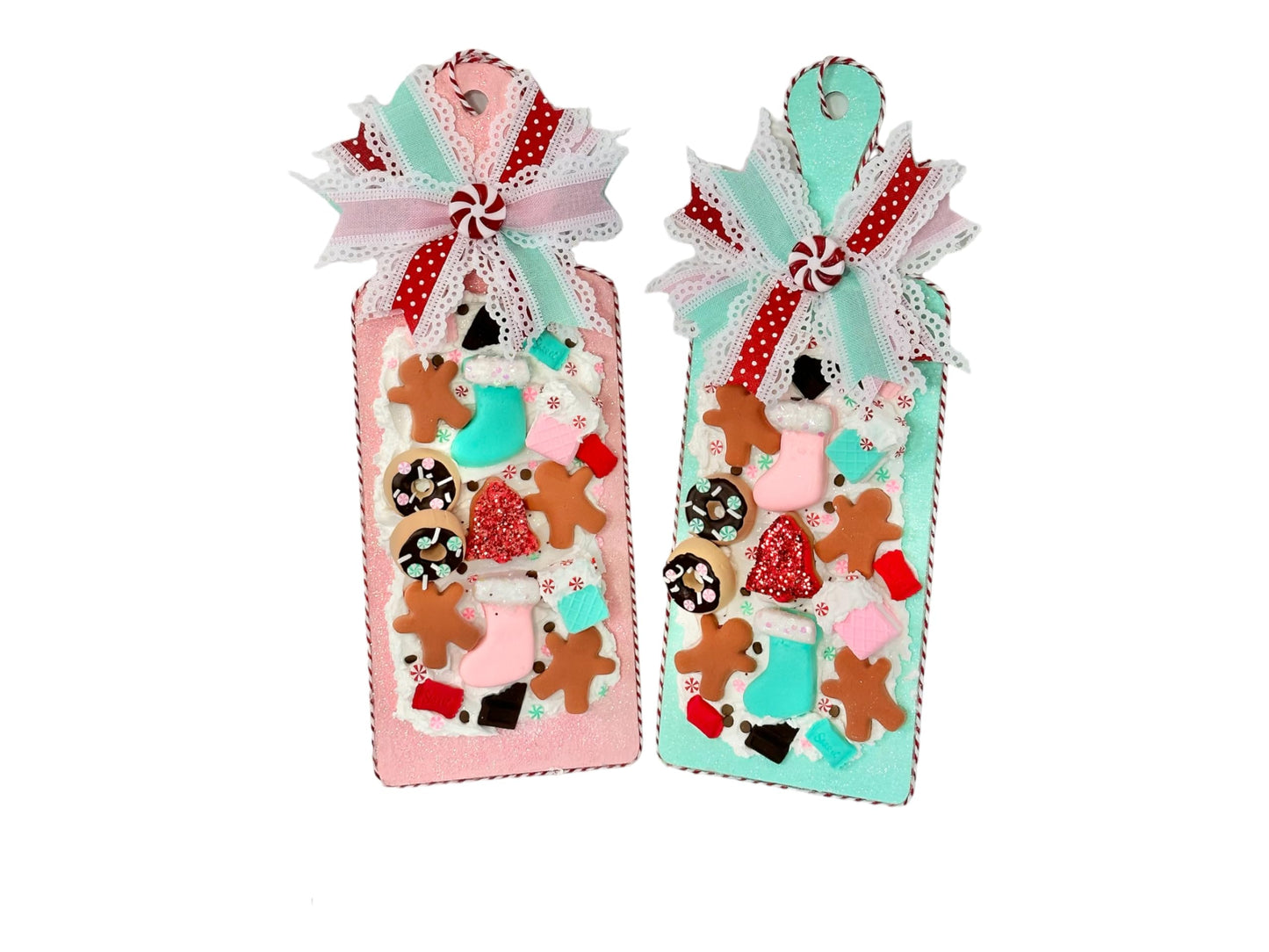 Handmade Faux Sweets Christmas Holiday Charcuterie Board - Pink or Mint Green - 12"x4.5" - TCT Crafts (Pink)