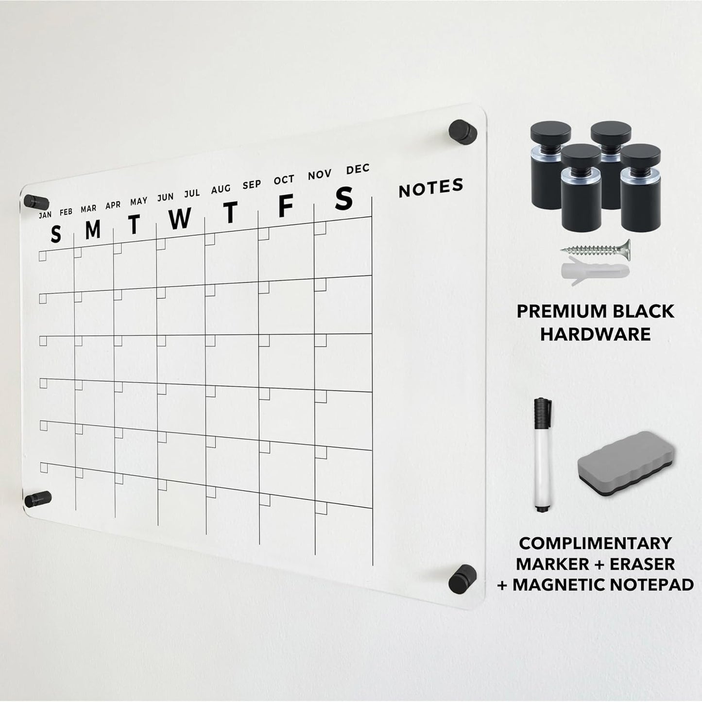 Acrylic Wall Premium Calendar with Black Hardware - Monthly and Weekly Board Family Planner - Dry Erase Calendar Family Calendar - Marker (Black Standoff, 24”x18” (Regular))