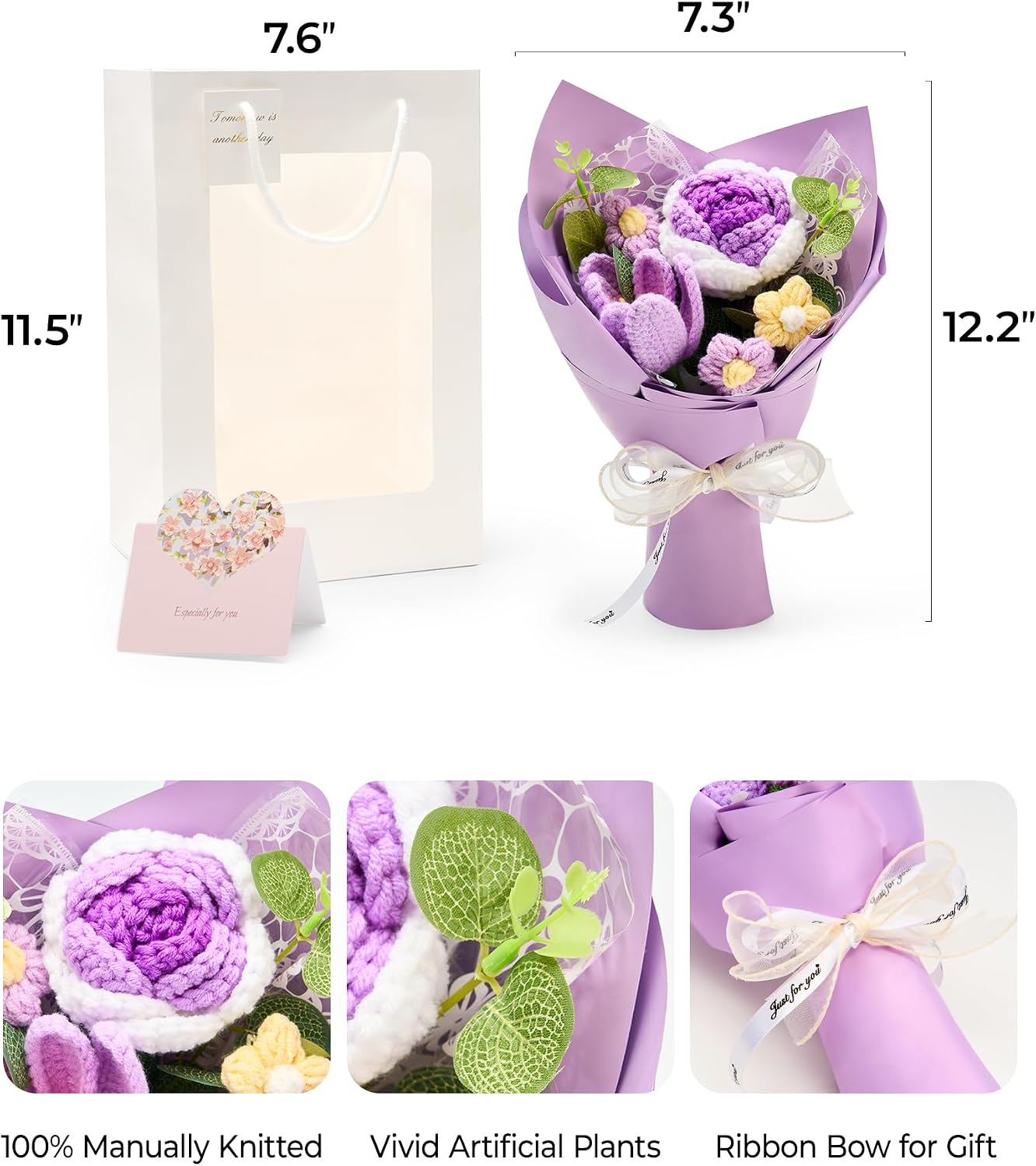 Crochet Flowers Bouquet Valentine's Day Gift for Wife Girlfriend Mother Women, Handmade Artificial Knit Purple Rose Tulip Flower for Wedding Anniversary Birthday Valentine Present, Home Decor