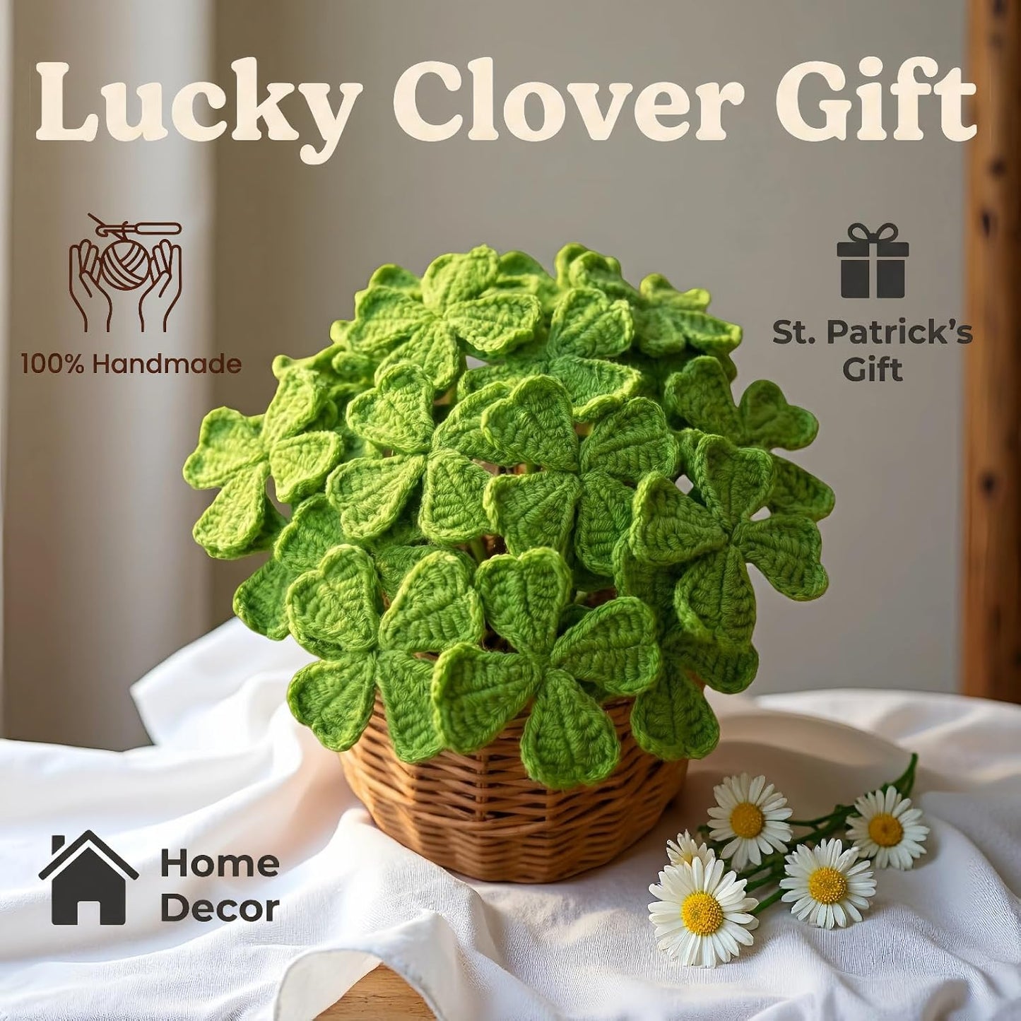 5Pcs Handmade Crochet Four Leaf Clover Bendable Non-Wilt Lucky Decor | 100%Handcraft, Tight Stitches, Shape Clovers Freely, Good Luck Gifts for Friends/Family, Lucky Clover Irish Blessing Decor