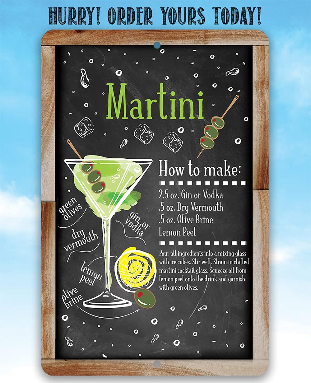 Martini Bar Recipe - Great Cocktail Drink Alcohol Mix Decoration, Home Bar and Shed Decor, Kitchen and Bar Restaurant Display, 8x12 Indoors or Outdoors Durable Chalkboard Wood Framed Style Metal Sign