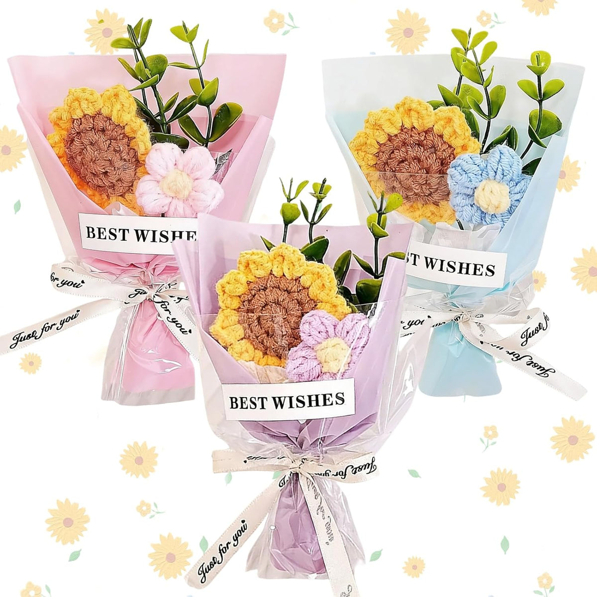 3 Pcs Sunflower Crochet Flower Bouquet Gift for Teachers, Mini Knitting Crochet Bouquet – Positive Handmade Mini Crochet Flowers Gift for Mother’s Day, Wedding, Teacher Appreciation Gift for Women Men