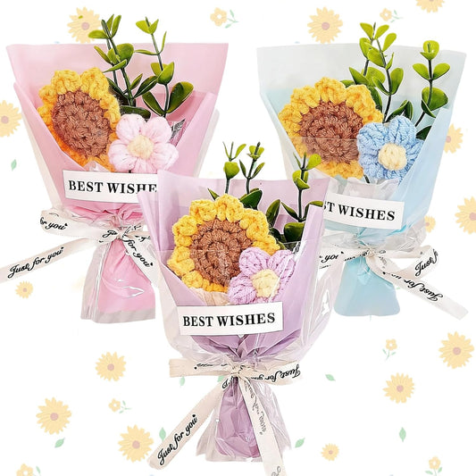 3 Pcs Sunflower Crochet Flower Bouquet Gift for Teachers, Mini Knitting Crochet Bouquet – Positive Handmade Mini Crochet Flowers Gift for Mother’s Day, Wedding, Teacher Appreciation Gift for Women Men