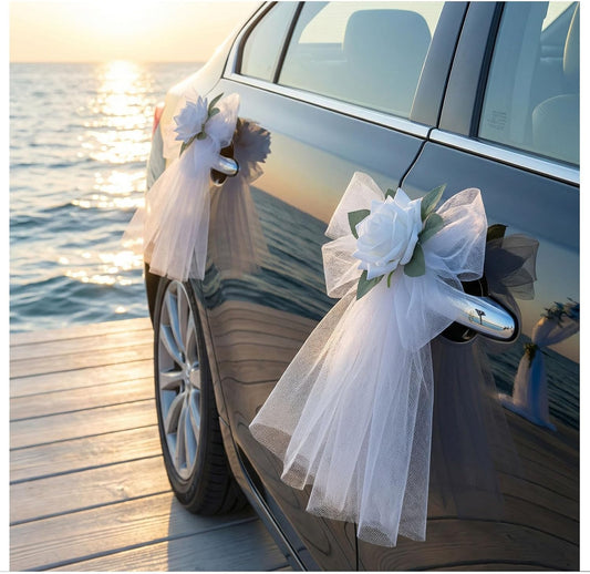 4 Pcs Wedding Car Door Handle Flowers with Tulle and Suction Cups | 12 cm white rose tulle bows with suction cups for car handles, mirrors, windows, bridal exits and wedding photos