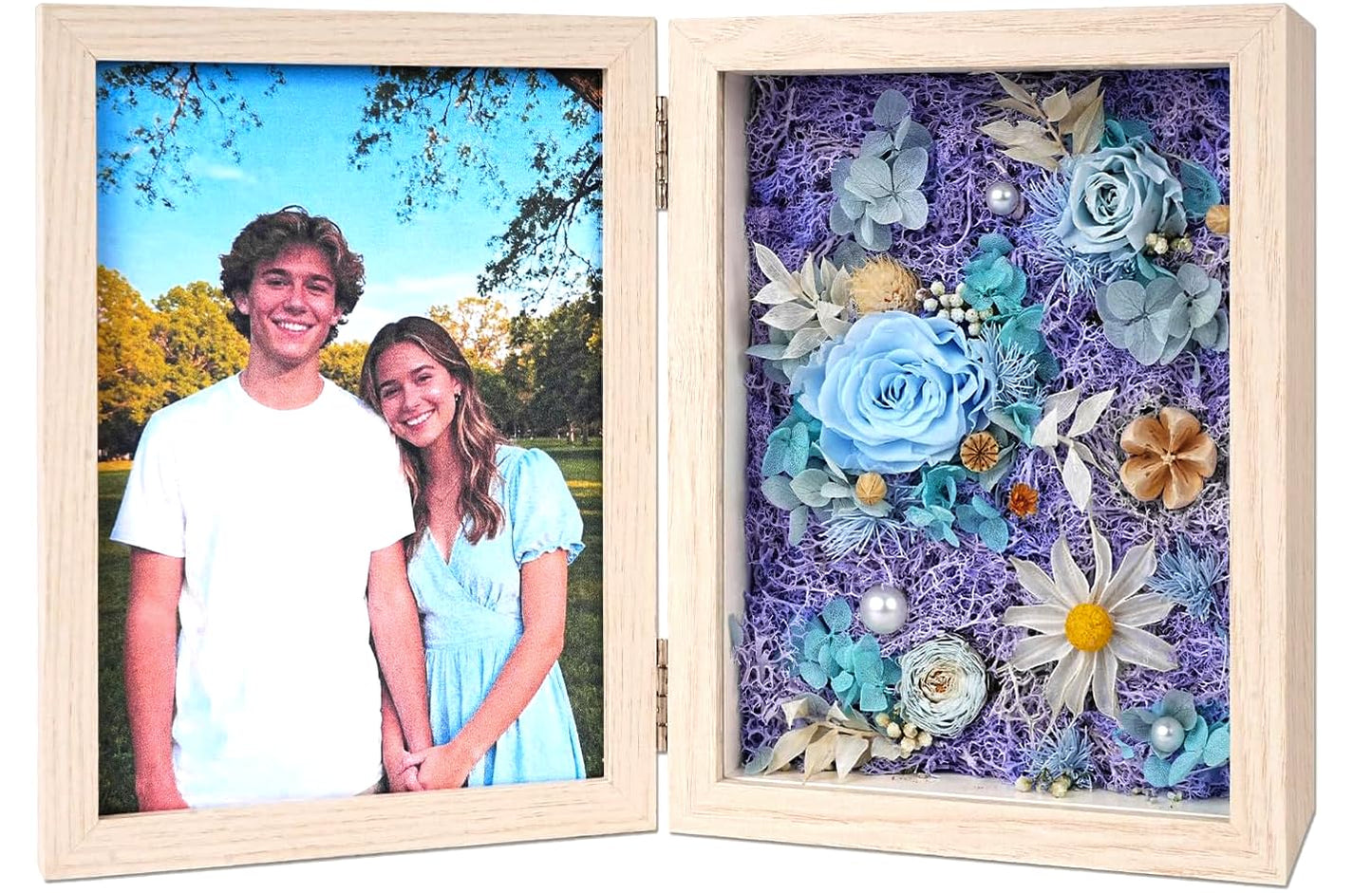 5x7'' Shadow Box Picture Frame Double Photos with Preserved Flowers, Real Floral Deep Wood Shadow Box Display Case Desktop Decor with Glass Front/Card/Gift Box, Gift Box for Family/Valentine’s Day