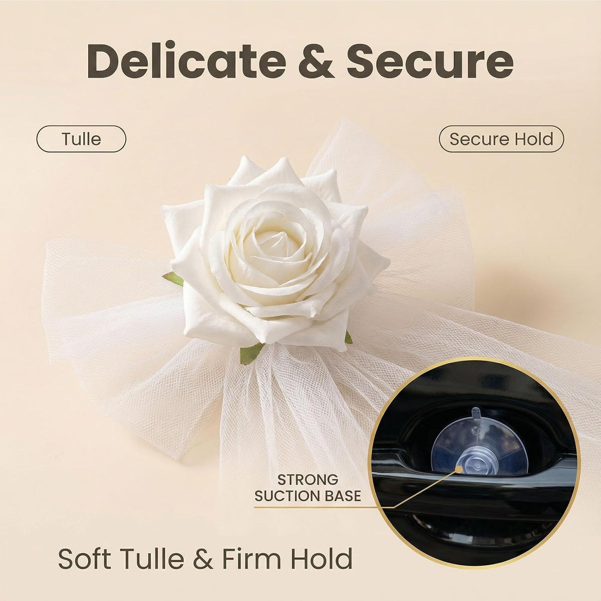 4 Pcs Wedding Car Door Handle Flowers with Tulle and Suction Cups | 12 cm white rose tulle bows with suction cups for car handles, mirrors, windows, bridal exits and wedding photos
