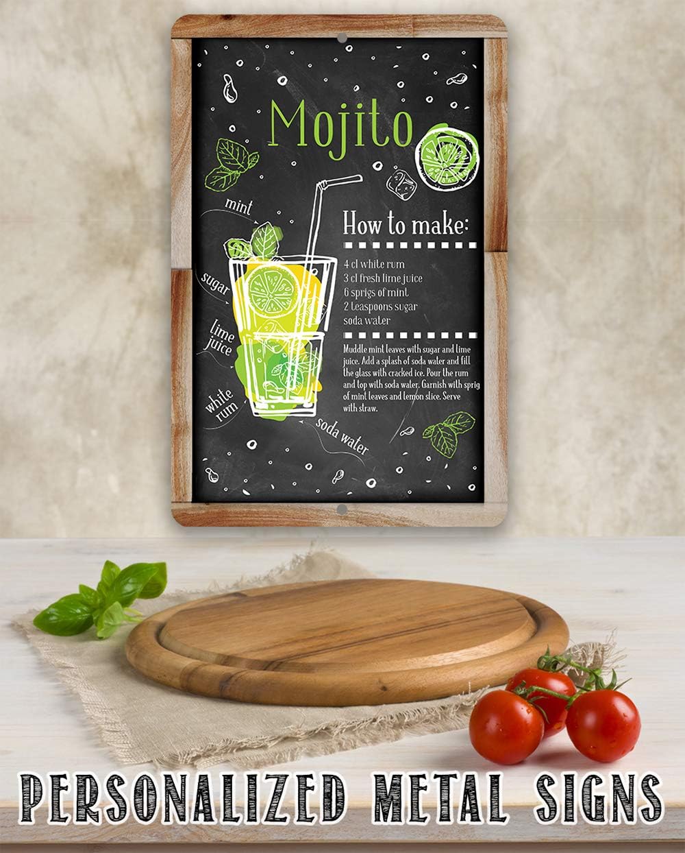 Mojito Bar Recipe - Great Home Bar and Shed Decor, Kitchen and Bar Restaurant Display, Cocktail Drink Mix Decoration, 12x18 Indoors or Outdoors Durable Chalkboard Wood Framed Style Metal Sign