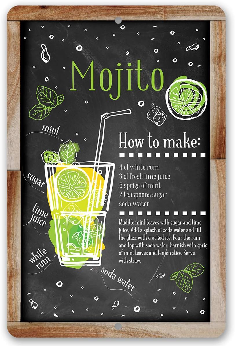 Mojito Bar Recipe - Great Home Bar and Shed Decor, Kitchen and Bar Restaurant Display, Cocktail Drink Mix Decoration, 12x18 Indoors or Outdoors Durable Chalkboard Wood Framed Style Metal Sign