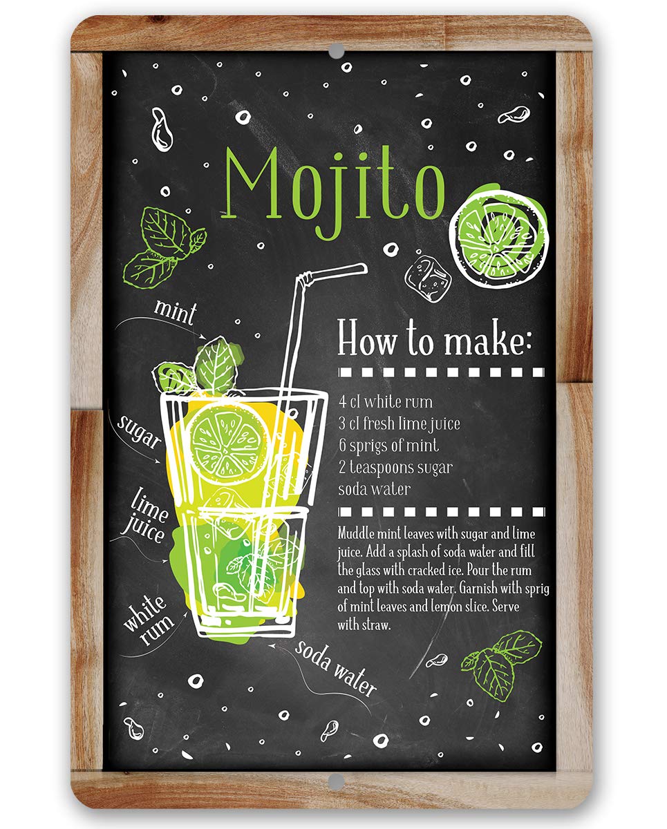 Mojito Bar Recipe - Great Home Bar and Shed Decor, Kitchen and Bar Restaurant Display, Cocktail Drink Mix Decoration, 12x18 Indoors or Outdoors Durable Chalkboard Wood Framed Style Metal Sign