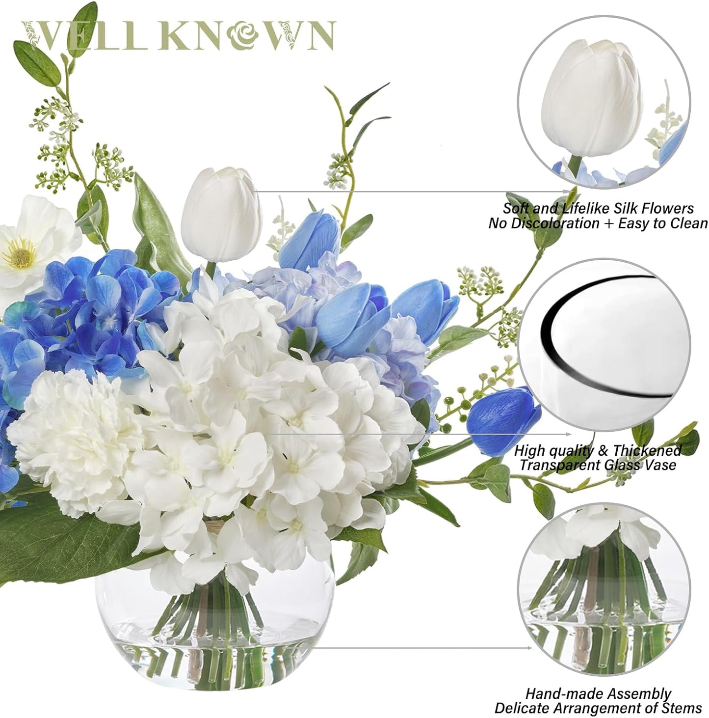 WELL KNOWN Artificial Flowers with Vase, Silk Blue & White Flower Bouquet | Hydrangea Peony in Vase with Faux Water for Home Decor, Fake Tulips Flower Arrangements for Wedding Party Table Centerpieces