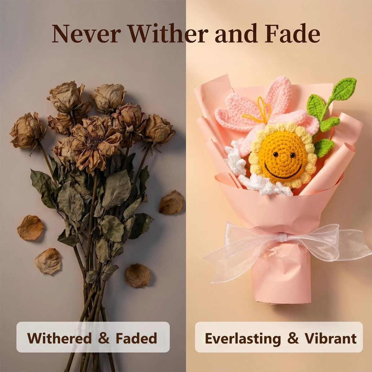 Crochet Flower Bouquet, Handmade Pink Tulip Sunflower Gift for Women | Skin-Friendly Odor-Free Yarn, Everlasting No Watering Needed, Vivid Full-Bloom Shape, Ideal Gift For Mom, Daughter & Sister