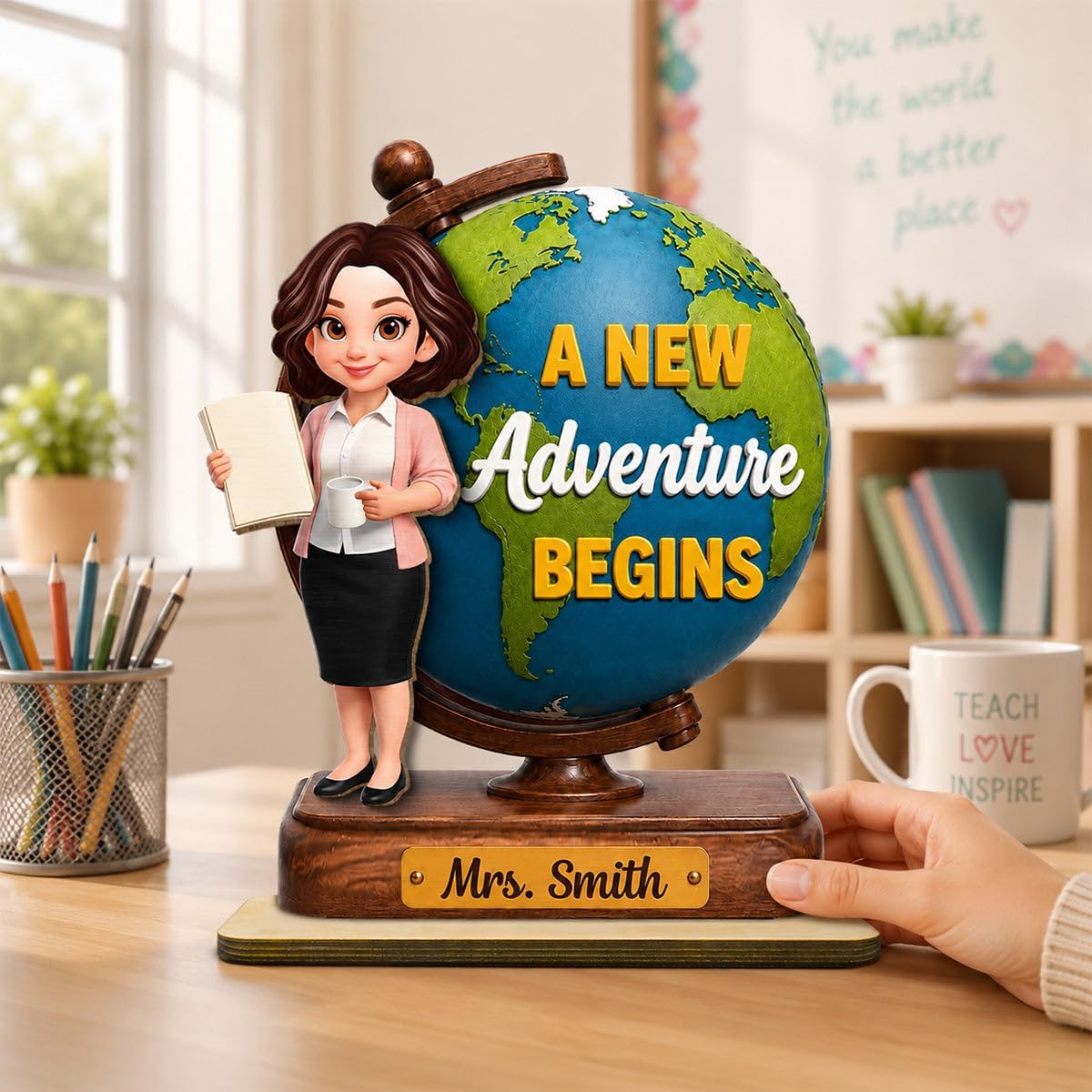 Teacher World Globe 2D Flat - Personalized Wooden Plaque - Back To School Gift Classroom Desktop Board Sign Appreciation End Of Year Presentation Faculty Educator Mentor Desk Display