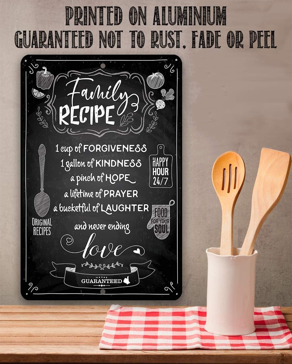 Family Recipe Metal Sign - Food for Your Soul - Modern Home Wall Decor, Kitchen and Dining Room Hanging Plaque, Cute Housewarming Gifts, 8x12 Inch Indoor Outdoor Chalkboard Style Display