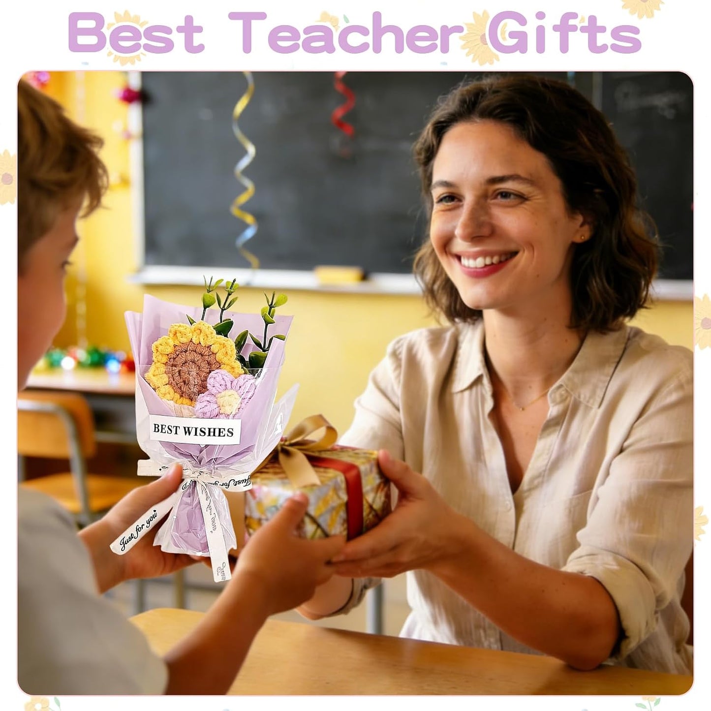 3 Pcs Sunflower Crochet Flower Bouquet Gift for Teachers, Mini Knitting Crochet Bouquet – Positive Handmade Mini Crochet Flowers Gift for Mother’s Day, Wedding, Teacher Appreciation Gift for Women Men