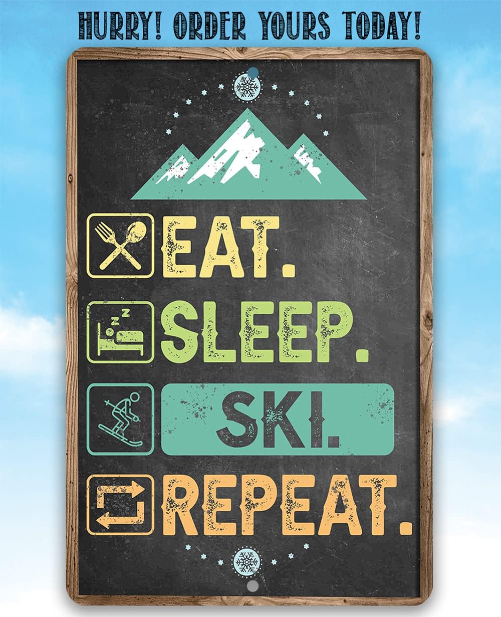 Ski Signs - Eat Sleep Shuss - Metal Sign Chalkboard Style - Use Indoor or Outdoor - Great Mountain Cabin Display, Winter Chalet Room Wall Art, Slopes Theme Holiday Idea, 8x12 Inches