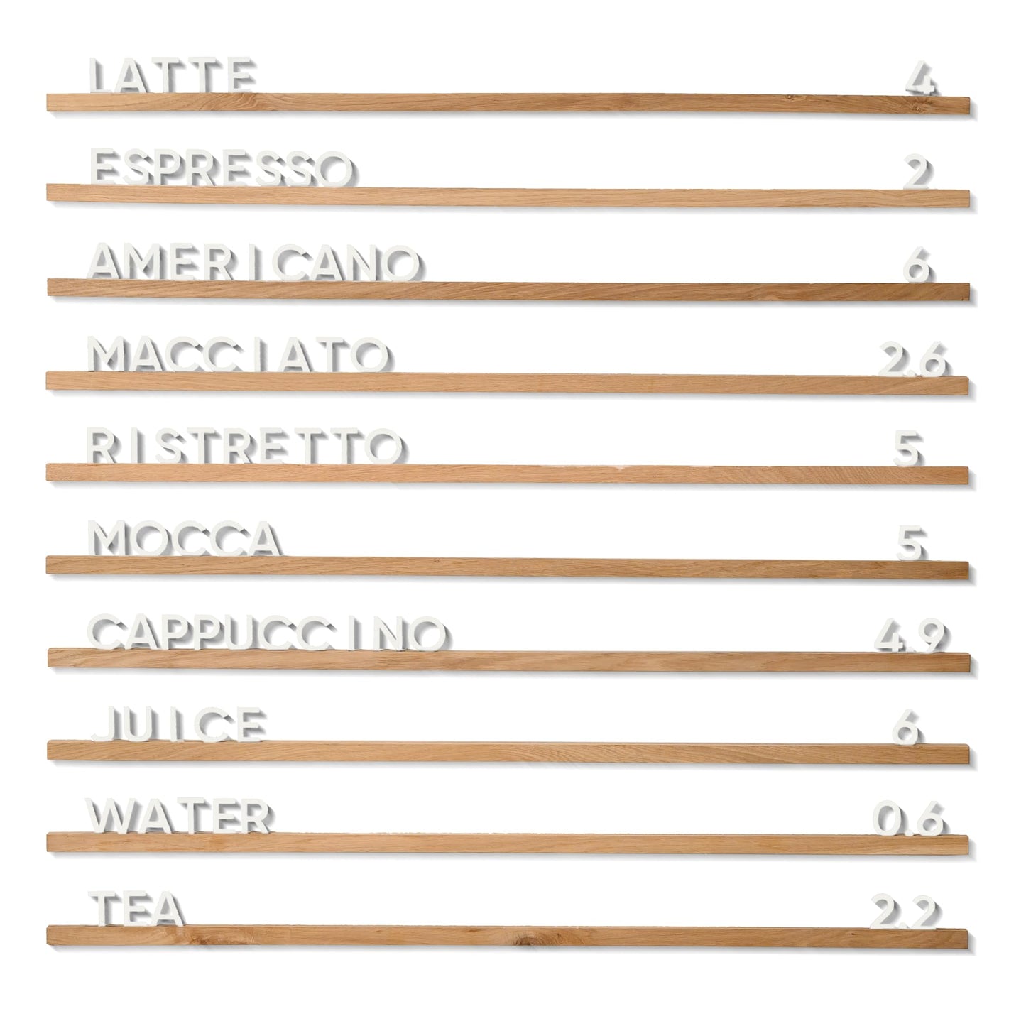 Inko Horeca Wooden Wall Letter Board - Set of 10 Oak Rails + 400 Changeable Black Letters - Floating Wall Menu Display Shelf for Cafe, Bar, Kitchen, and Home Decor