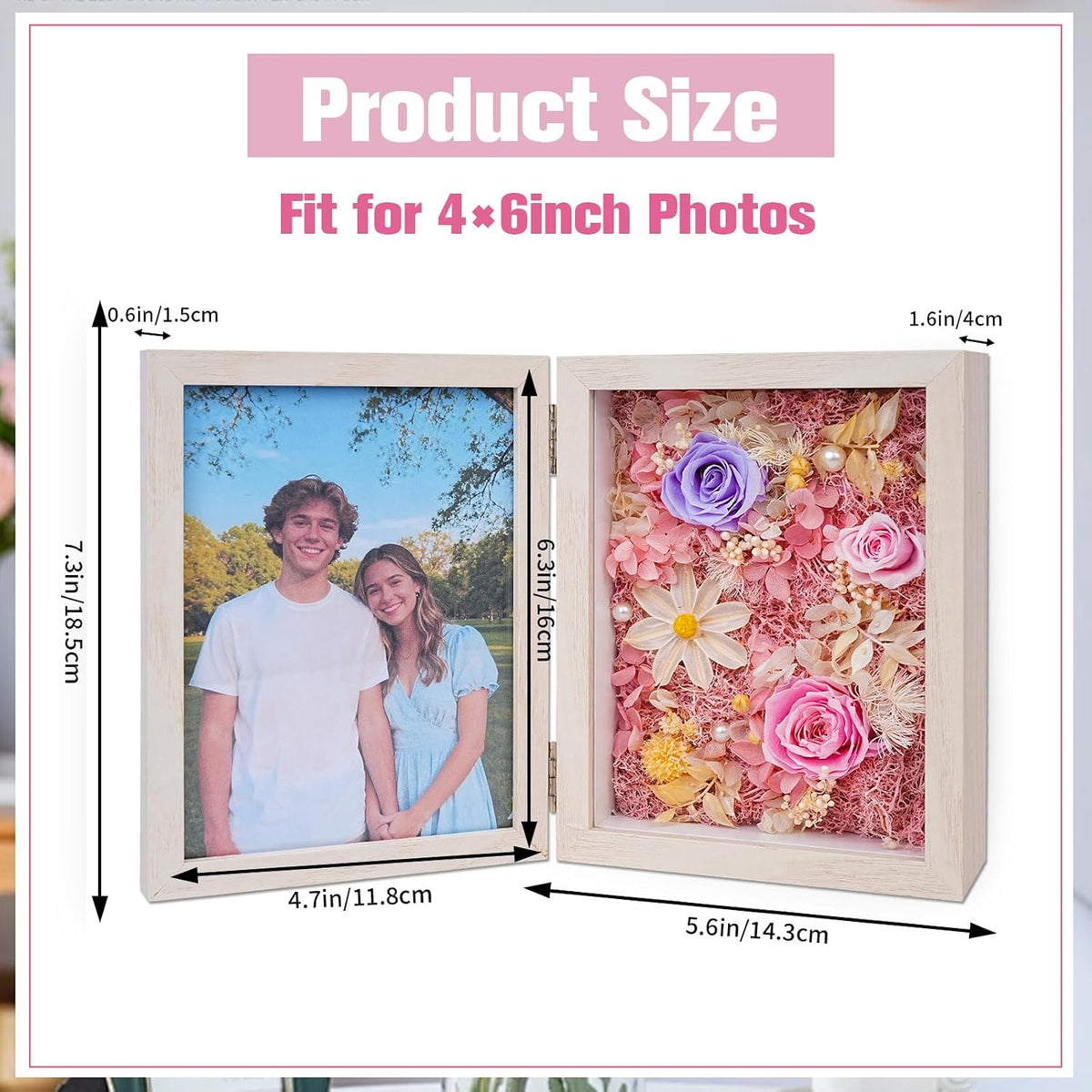 5x7'' Shadow Box Picture Frame Double Photos with Preserved Flowers, Real Floral Deep Wood Shadow Box Display Case Desktop Decor with Glass Front/Card/Gift Box, Gift Box for Family/Valentine’s Day